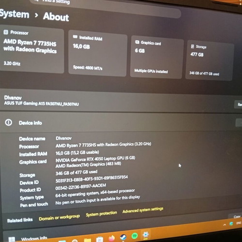 Asus TUF A15 лапτοπ σαν καινούργιο, 16GB DDR5, AMD Ryzen 7, RTX 4050