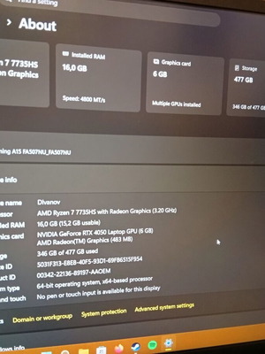 Asus TUF A15 лапτοπ σαν καινούργιο, 16GB DDR5, AMD Ryzen 7, RTX 4050