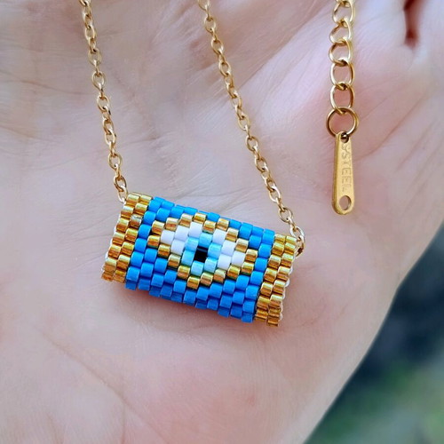 Handmade Miyuki evil eye necklace with gold-plated steel chain