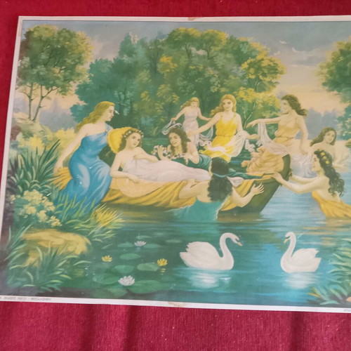 Chromolithograph poster 1950-60 with nymphs and swans like new