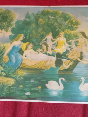 Chromolithograph poster 1950-60 with nymphs and swans like new