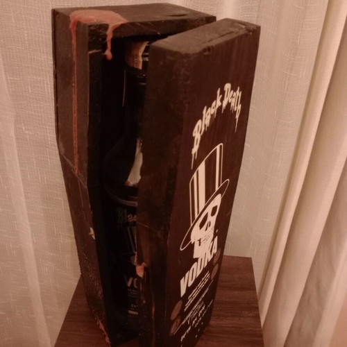 Wooden Black Death Vodka Coffin collectible, like new