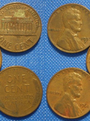 America United States 1 Cent used, pack of 5 coins 1956D-1963D