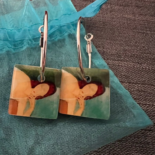 Art-Inspired Earrings Modigliani Portrait Design like new, silver hoops
