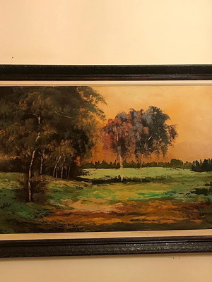 Antique painting with nature theme in solid wood frame