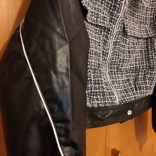 Bomber jacket plaid with faux leather sleeves new, black and white