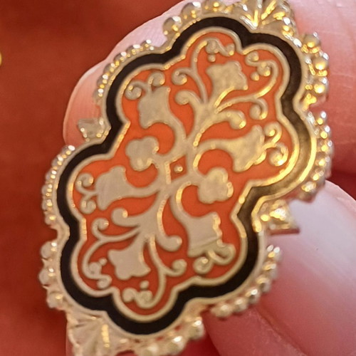 Orofix cufflinks used, vintage, embossed gold on coral background