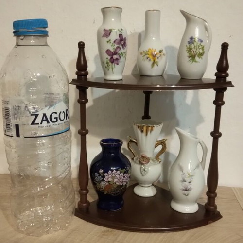 Miniature vase set 7 pieces with corner shelf like new