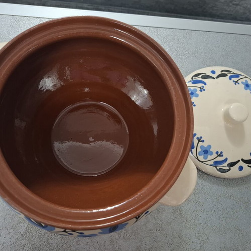 Handmade ceramic soup pot with lid blue floral design like new
