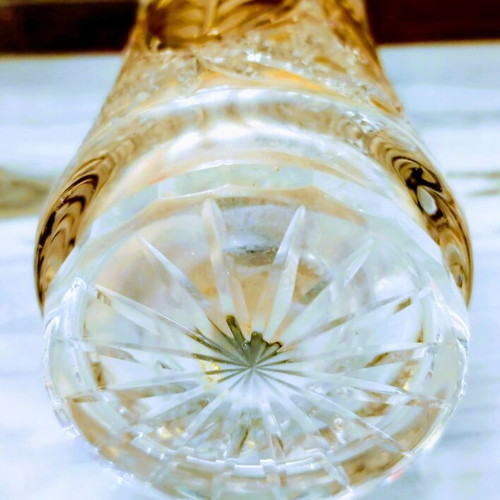 Bohemian Crystal Vase hand-cut with carved flowers, like new