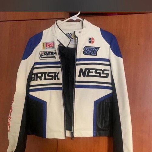 Leather motorcycle jacket Bershka used, white and blue, XS