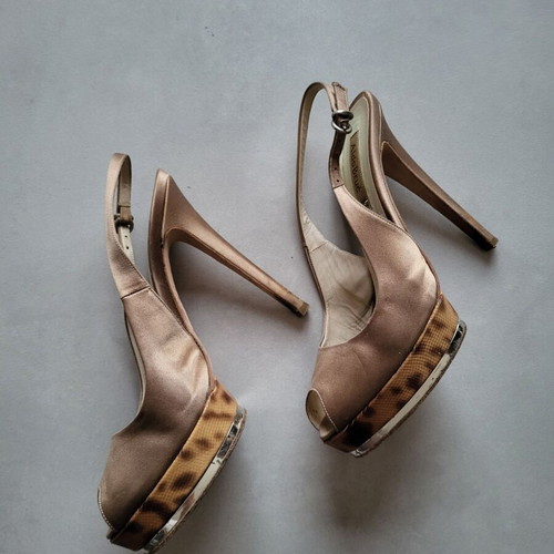 AldoBrue satin peep toe pumps used, size 38, brown with snake skin