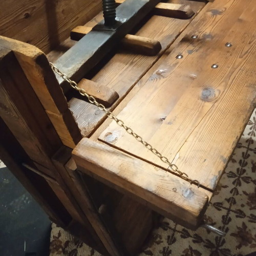 Wooden tobacco press with metal screw mechanism, rustic bar furniture