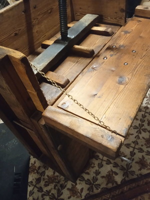 Wooden tobacco press with metal screw mechanism, rustic bar furniture