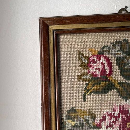 Vintage handmade embroidery wall frame with flowers and wooden frame