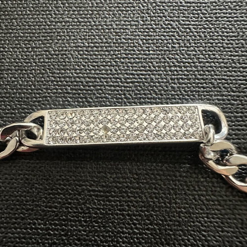 Silver identity bracelet with rhinestones, curb chain, without one rhinestone, 17-18 cm