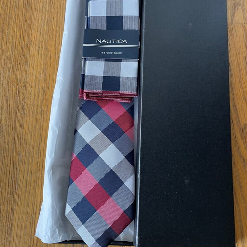 Nautica tie and pocket square set new checkered blue, red