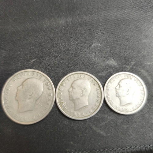 King Pavlos coins 2 drachmas 1954, 5 drachmas 1954, 1 drachma 1962