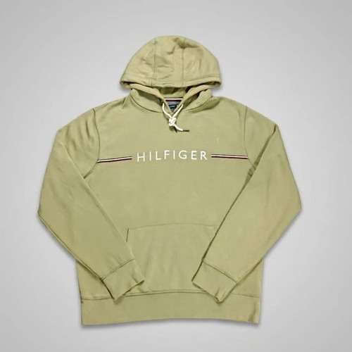 Tommy Hilfiger Olive Green Embroidered Spellout Hoodie Size XL Like New