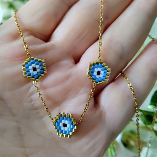 Steel necklace three evil eyes miyuki made to order, blue and gold