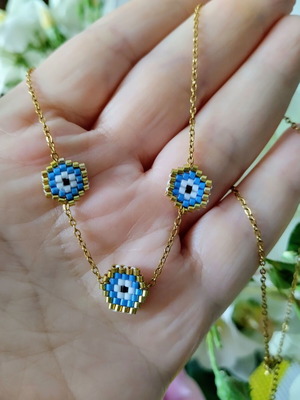 Steel necklace three evil eyes miyuki made to order, blue and gold