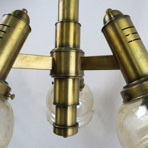 Three-light ceiling lamp brass and glass, new, 1950s