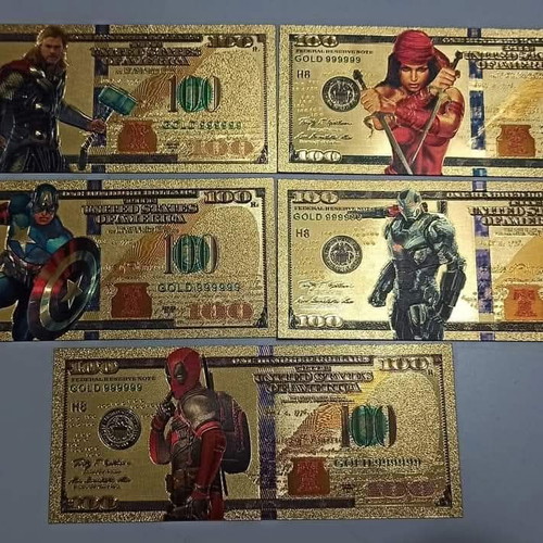 Marvel Super Heroes commemorative banknotes new, pack of 10 gold-colored