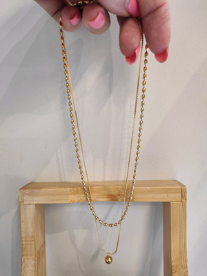 Ατσάλινο κολιέ διπλό με στοιχείο κρεμαστό μπίλιτσα επιχρυσωμένο νέο