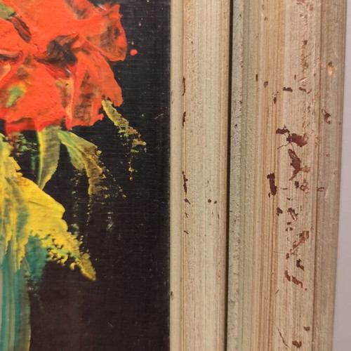 Manos Zacharakis oil painting used, Red Flowers in Green Vase
