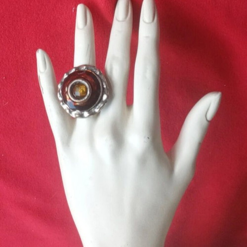 Vintage stainless steel ring with enamel and citrine gemstone like new