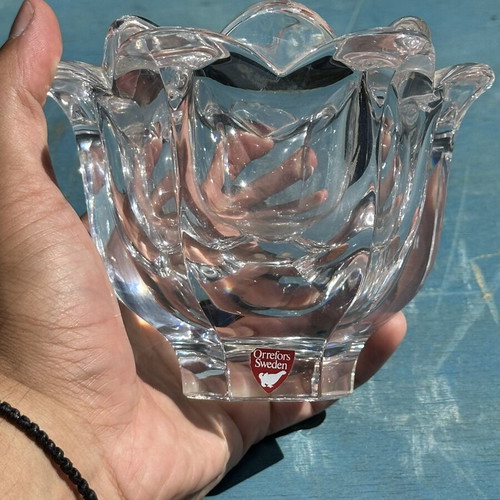 Orrefors Sweden Crystal Vase Tulip Design used, 11x13 cm