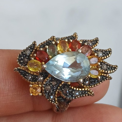 Ring with semiprecious stones, 9K gold, 925 silver and old cut diamonds, 17 mm