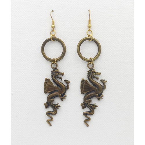 Handmade earrings with dragons and hoops new, brown and gold
