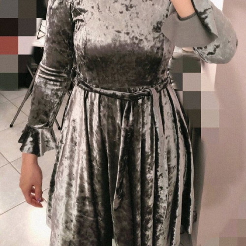 Γκρι βελούδινο φόρεμα κολακευτικό βελουτέ με βολάν, καινούργιο