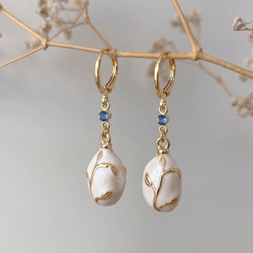 Designer Gold Drop Earrings with Pearl Effect and Blue Crystal, New