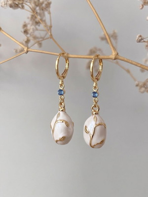 Designer Gold Drop Earrings with Pearl Effect and Blue Crystal, New