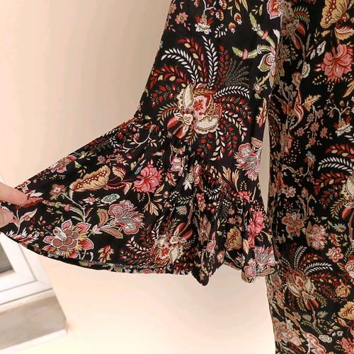 H&M floral mini dress black with bell sleeves, used, size M