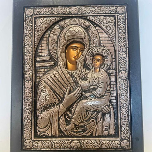 Silver religious icon of Panagia Odigitria used, 23.5x18 cm
