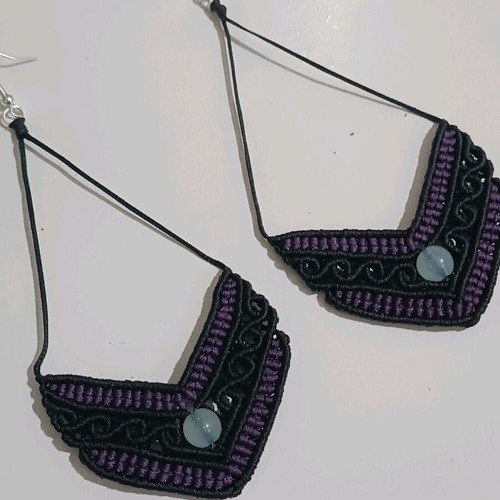 Macrame hanging earrings new, black and purple with silver 925 hook