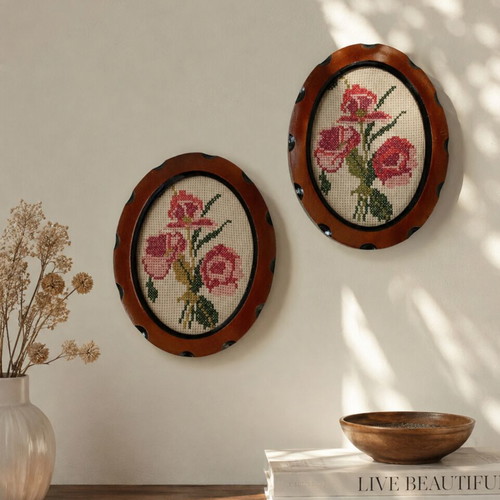 Vintage embroidered oval frames set of 2 with pink roses, used