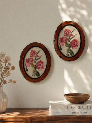 Vintage embroidered oval frames set of 2 with pink roses, used