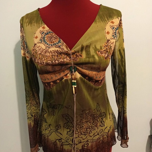Romantic boho transparent blouse like new, brown and green