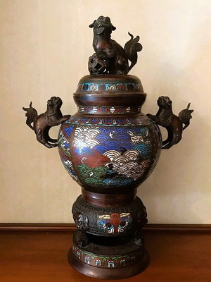 Asian Cloisonné incense burner used with colorful enamel and embossed figure