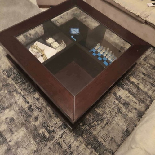 Living room table used, dark wood with square glass top