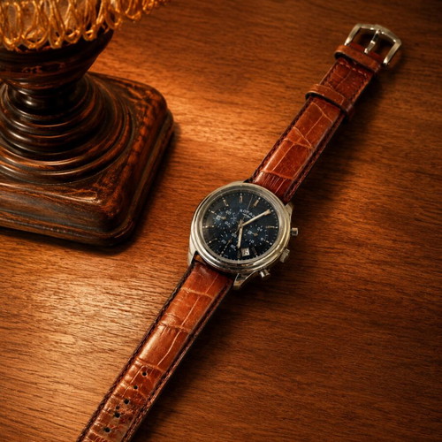 Rotary 1895 Vintage Chronograph Watch used, leather strap, blue dial