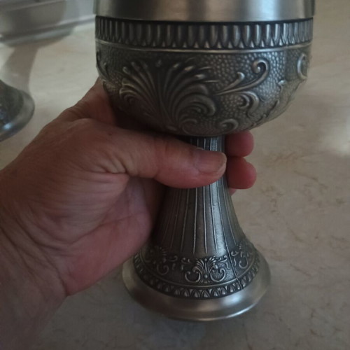 Vintage pewter goblets used, set of two with embossed designs