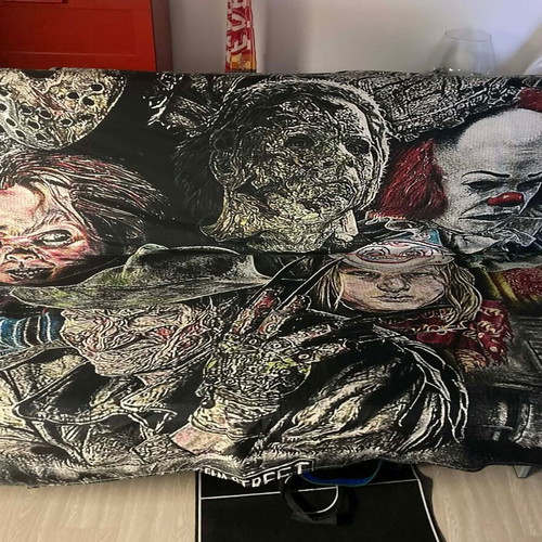 Vintage horror blanket used with graphic print, large 2x2.2m