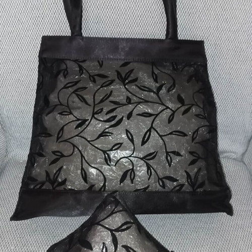 Black Satin Handbag with Lace and Small Pouch New