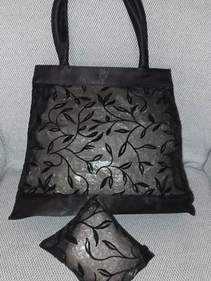 Black Satin Handbag with Lace and Small Pouch New