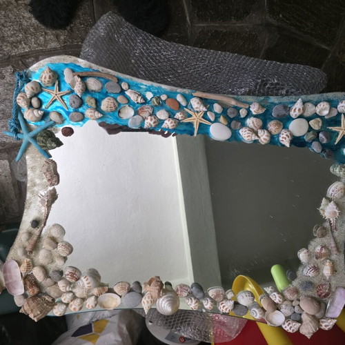 Mirror decorated with shells, pebbles, sand like new handmade
